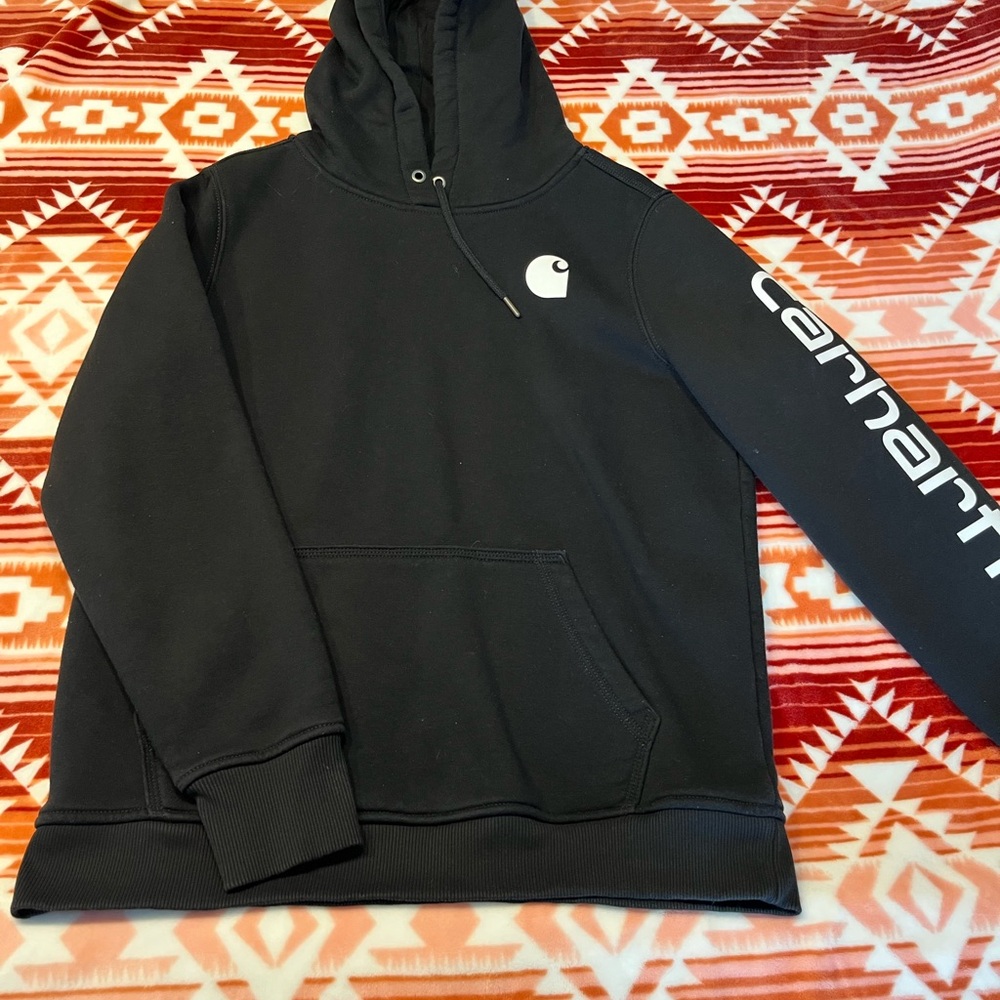 Carhartt Black Logo Pullover Hoodie with White Sleeve Script